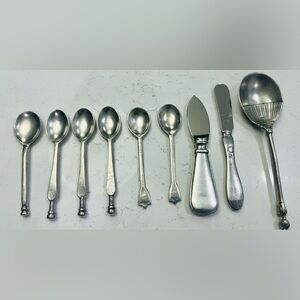 Vintage German Pewter Serving Set | 95% Tin Spoons, Knives & Ladle | Mid-Century